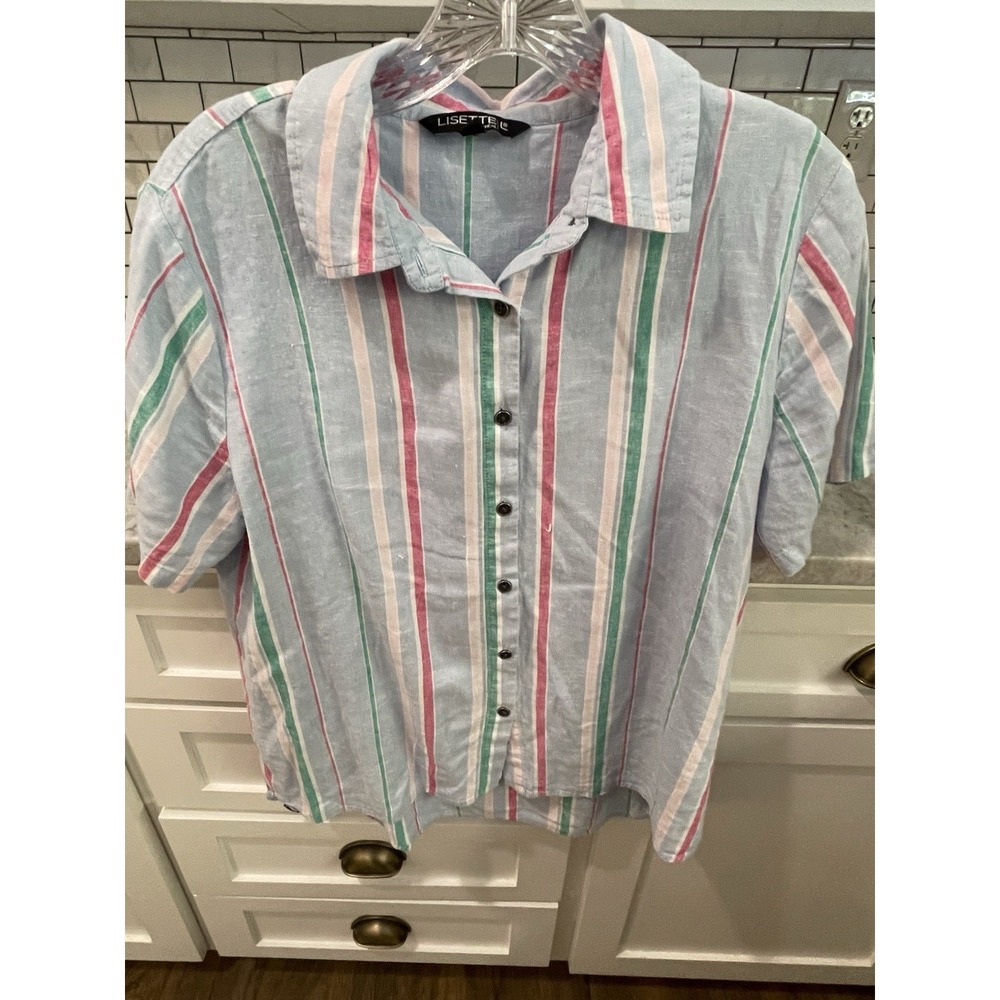 Lisette Top Shirt Womens Medium Blue Striped Linen Blend Button Up Short Sleeve